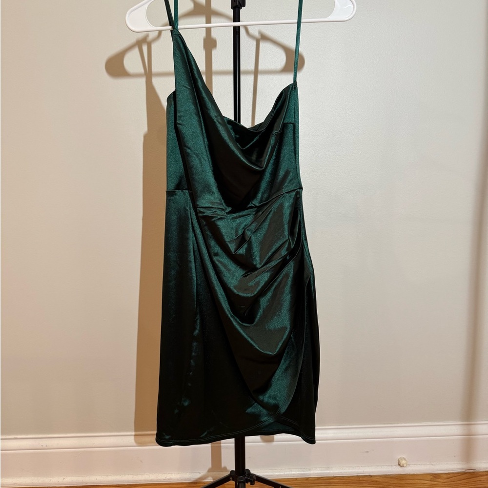 Emerald Green Satin one shoulder Slip Dress